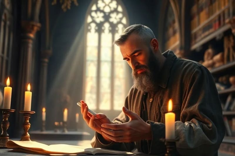 Ilustración de un erudito medieval examinando un fragmento antiguo bajo la luz de las velas.