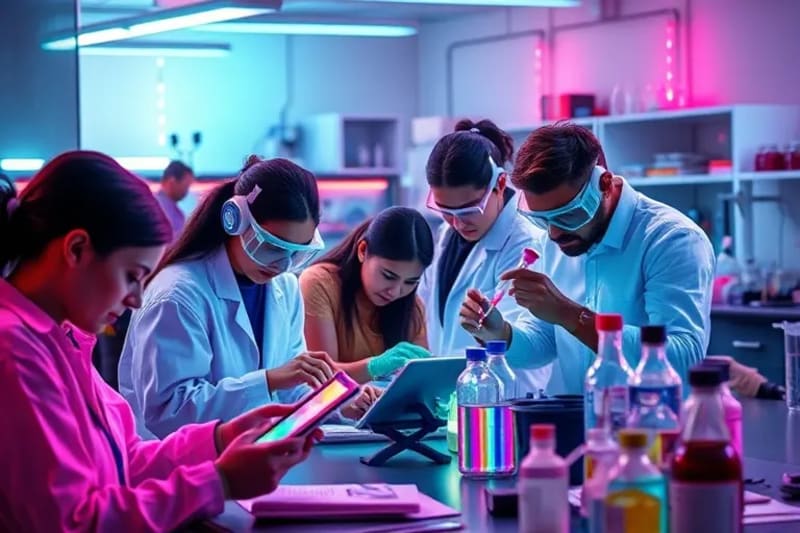 Grupo diverso de biohackers en un laboratorio comunitario moderno, analizando datos en tabletas, pipeteando líquidos y demostrando dispositivos portátiles, simbolizando la ciencia accesible y colaborativa.