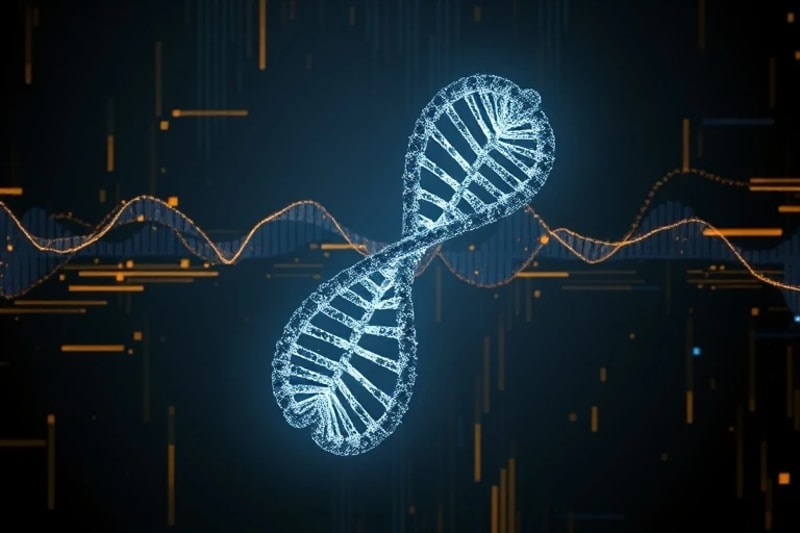 Estructuras de doble hélice luminosas entrelazadas con siluetas humanas sutiles, representando las complejidades éticas y las implicaciones sociales de la modificación genética.