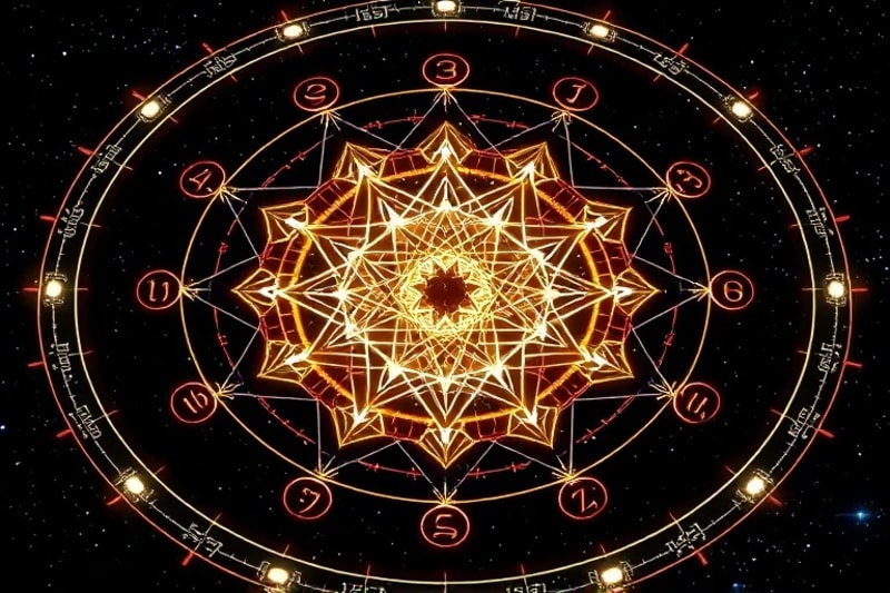 An abstract network of geometric shapes and numerical digits, with a central pulsating light representing the individual's core self.