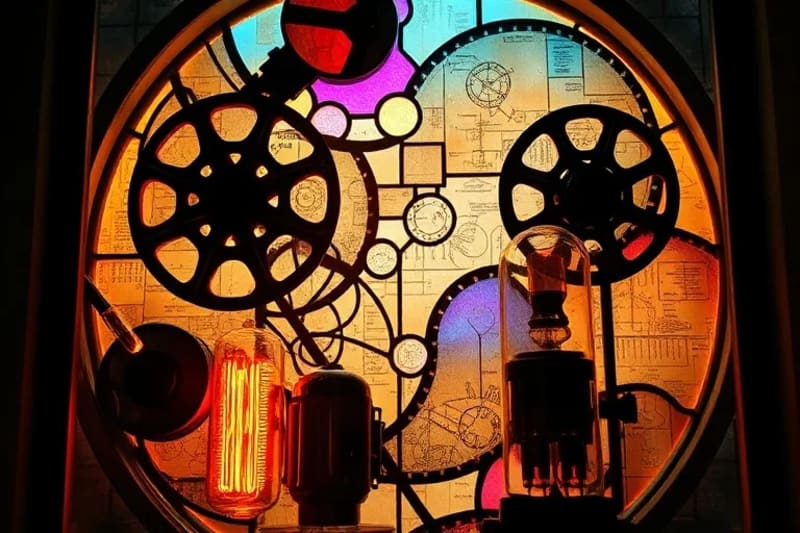 Vintage film reels, radio vacuum tubes, and schematic blueprints symbolizing hidden genius