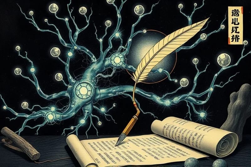 Representación conceptual de una red neuronal entrelazada con pergaminos antiguos, simbolizando la fusión de profecía y tecnología