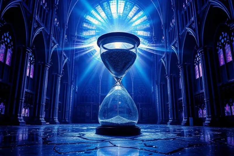 Representación abstracta de un reloj de arena roto con código binario, simbolizando el tiempo y el futuro incierto de la IA