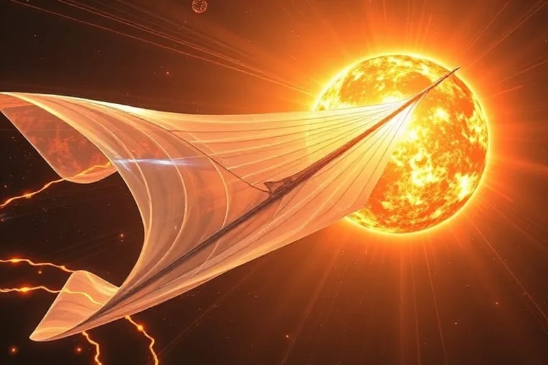 Futuristic solar sail unfurling near a stylized sun, showing advanced propulsion