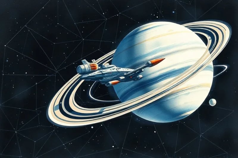 Abstract vector art of a spacecraft performing a gravity assist maneuver around a planet