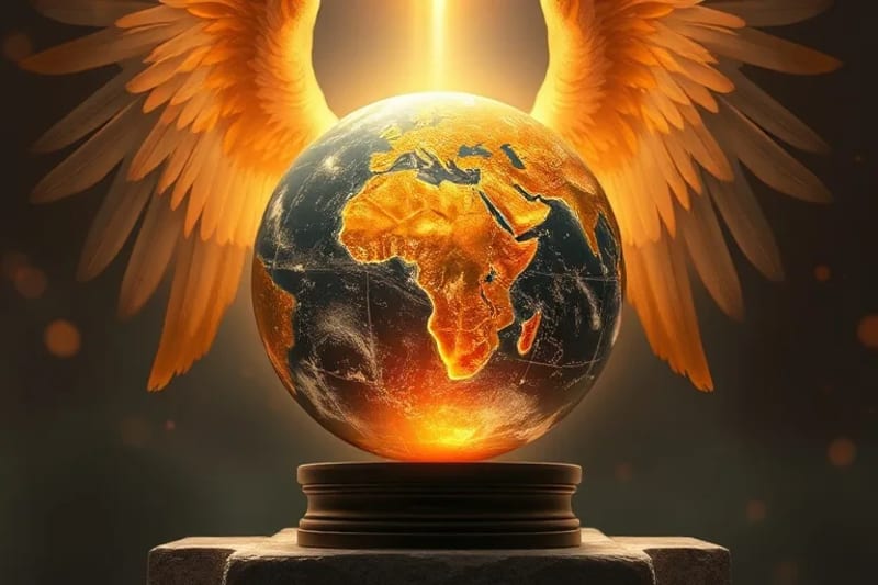 Mano etérea de un arcángel tocando un globo terráqueo, con sutiles ondas de energía que se extienden sobre los continentes, simbolizando la influencia divina en los asuntos mundiales.