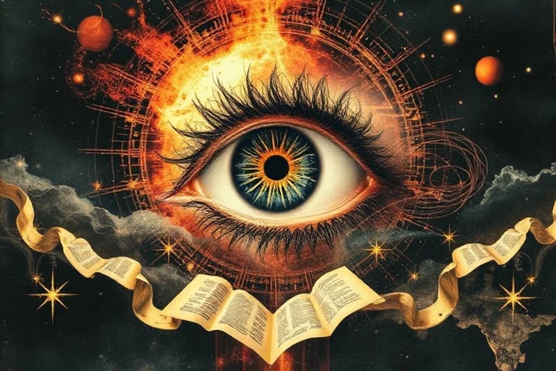 Ojo cósmico formado por nebulosas y polvo estelar, observando una red de líneas geopolíticas entrelazadas con antiguos pergaminos y flujos de datos futuristas, simbolizando el discernimiento espiritual y las profecías.