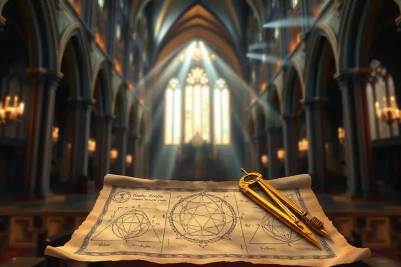 Antiguos instrumentos de dibujo como un compás y un divisor sobre un pergamino con diagramas geométricos sagrados.
