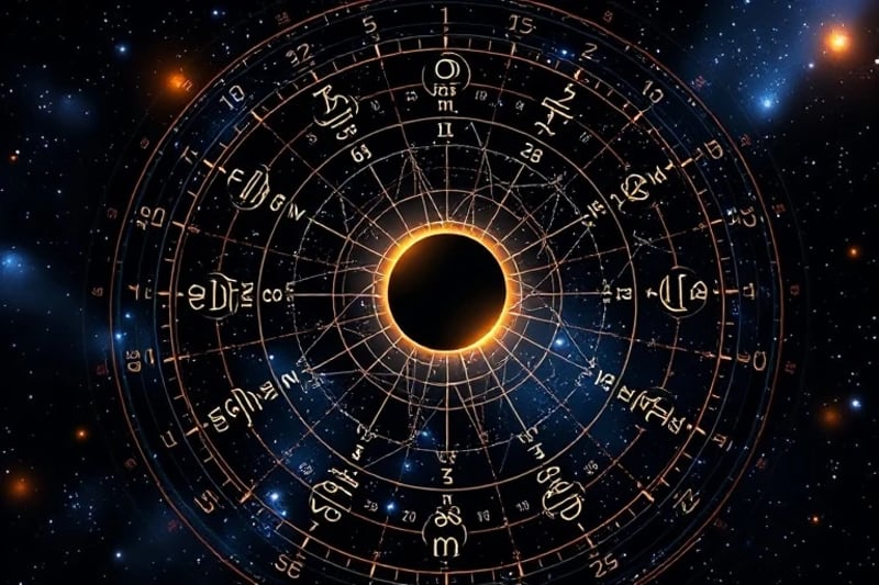 Mapa celestial detallado con trayectorias de eclipses y símbolos astrológicos entrelazados