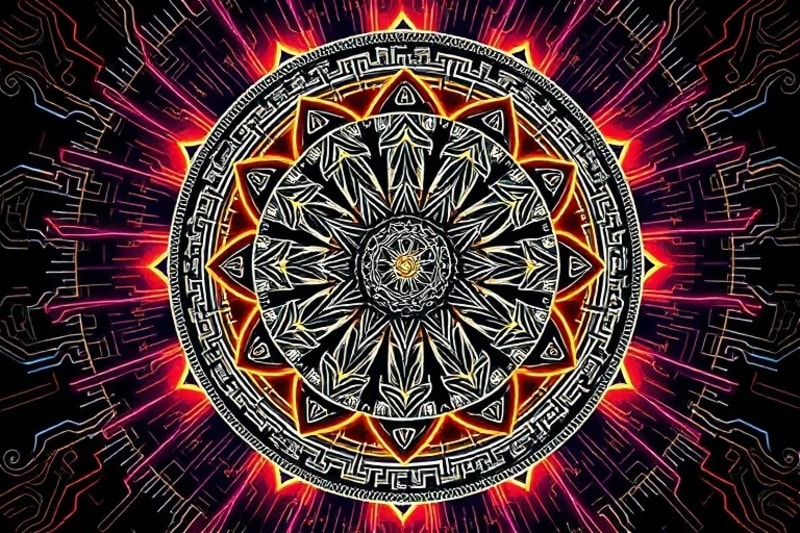 Vector art of Mayan and Aztec glyphs intertwined with circuit board patterns