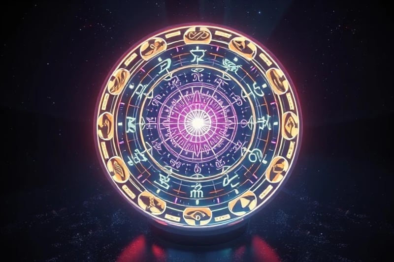 3D render of a glowing crystal ball reflecting Mesoamerican cosmological maps and AI data visualizations