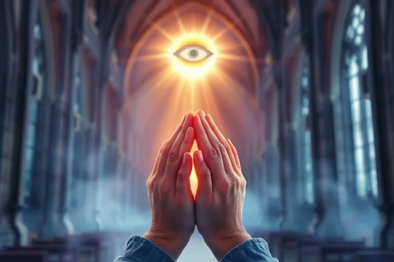 Manos en oración, con un aura de luz y un símbolo etéreo de discernimiento flotando sobre ellas, representando la búsqueda de protección espiritual y claridad mental en tiempos de confusión.