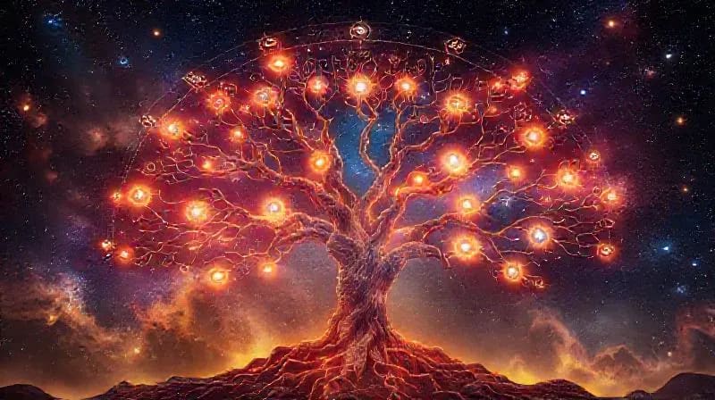Render 3D de un árbol cósmico estilizado con raíces que se extienden hacia una nebulosa y ramas que alcanzan estrellas fijas específicas, cada una representando una lección o talento.