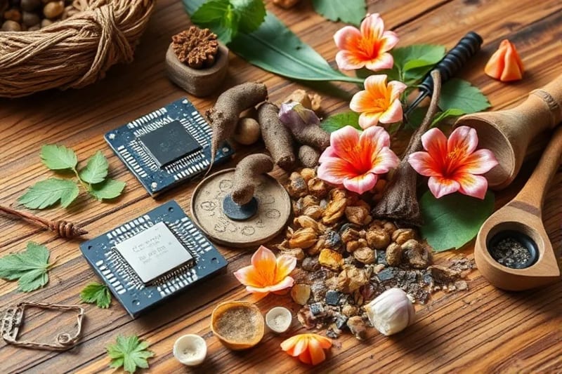 Artistic watercolor depiction of various medicinal plants and traditional preparation tools
