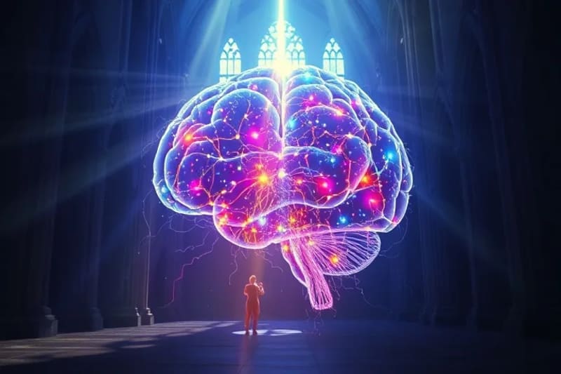 Redes neuronales y circuitos formando un cerebro humano entrelazado con luz espiritual