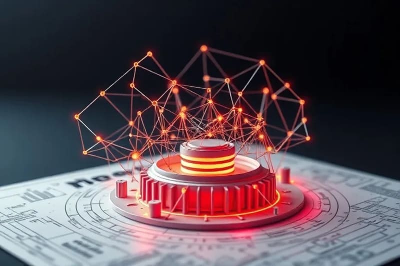 Visualización abstracta de una red neuronal procesando datos de plasma en un entorno de laboratorio