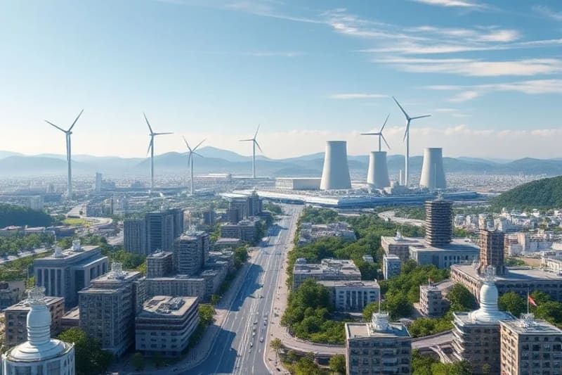 Paisaje urbano futurista con una central de fusión de diseño elegante y sostenible, rodeada de naturaleza y vehículos eléctricos