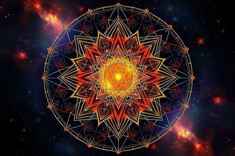 Patrones de actividad cerebral fusionándose con órbitas planetarias, esfera de conciencia central