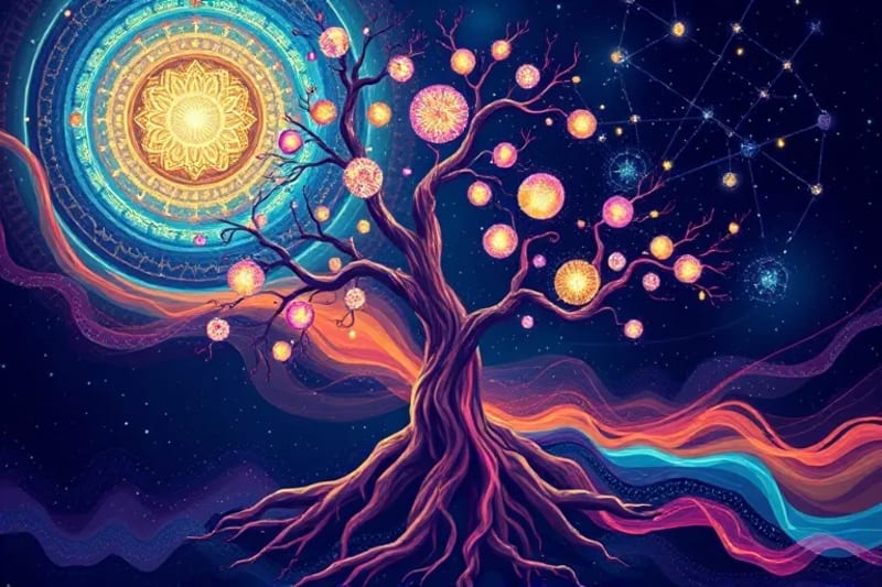 Digital painting of a healing tree of life with cosmic elements