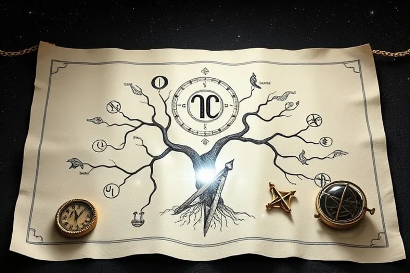 3D render of astrological tools and a family tree with dissipating chains