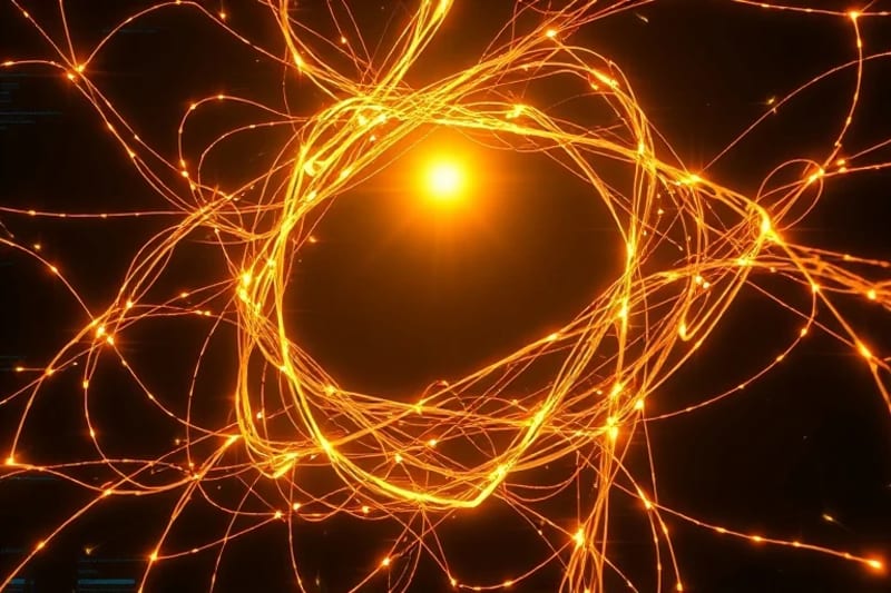 Hilos de luz dorados entrelazados formando patrones orgánicos, emergiendo de una luz suave y brillante en un vacío oscuro.