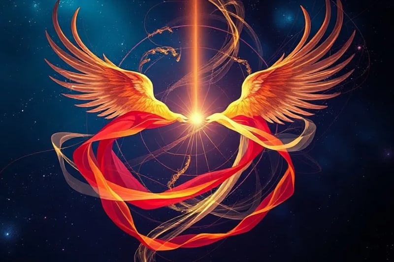 Pintura digital abstracta que representa la danza cósmica de los Serafines, con luces entrelazadas que simbolizan la creación y la armonía universal.