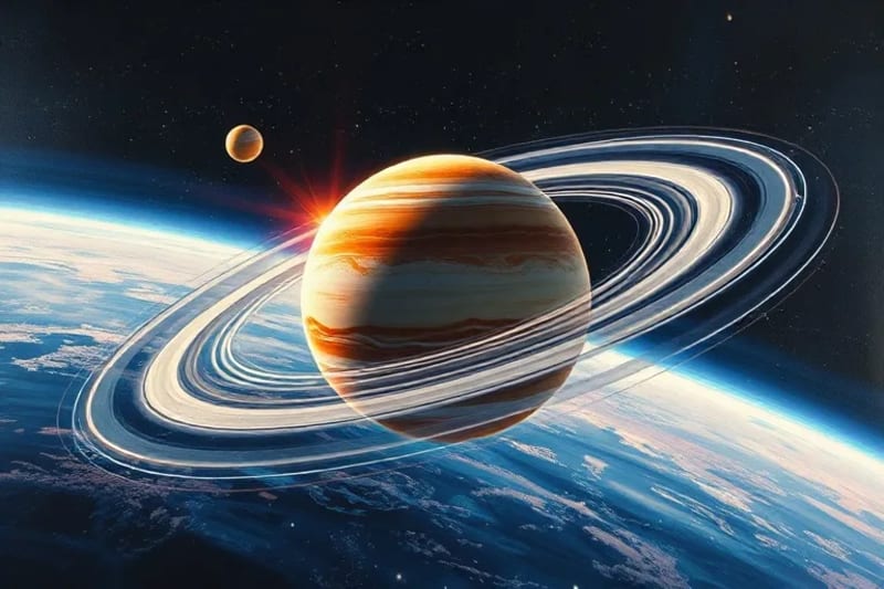 Diagrama de una nave espacial realizando una maniobra de asistencia gravitatoria alrededor de un planeta gigante