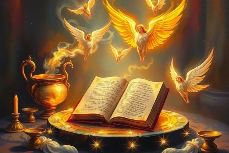 Bodegón conceptual con un incensario dorado, un tomo antiguo y alas etéreas, simbolizando la protección divina y los misterios de la creación.