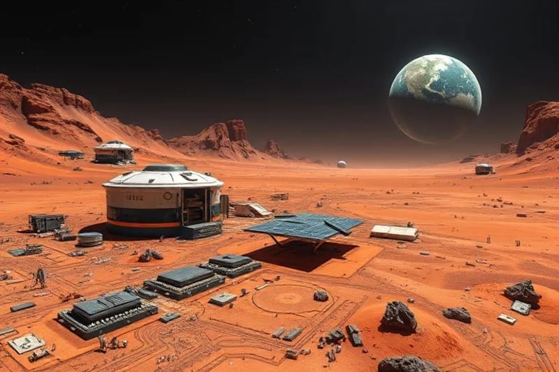 Puesto avanzado humano en Marte con hábitats futuristas y vehículos de exploración