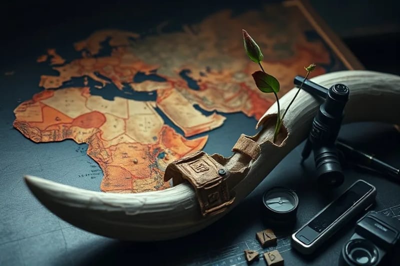 Conceptual still-life depicting a broken ivory tusk amidst scientific papers and a sprouting plant, symbolizing the fragility of nature and the hope for conservation through research.