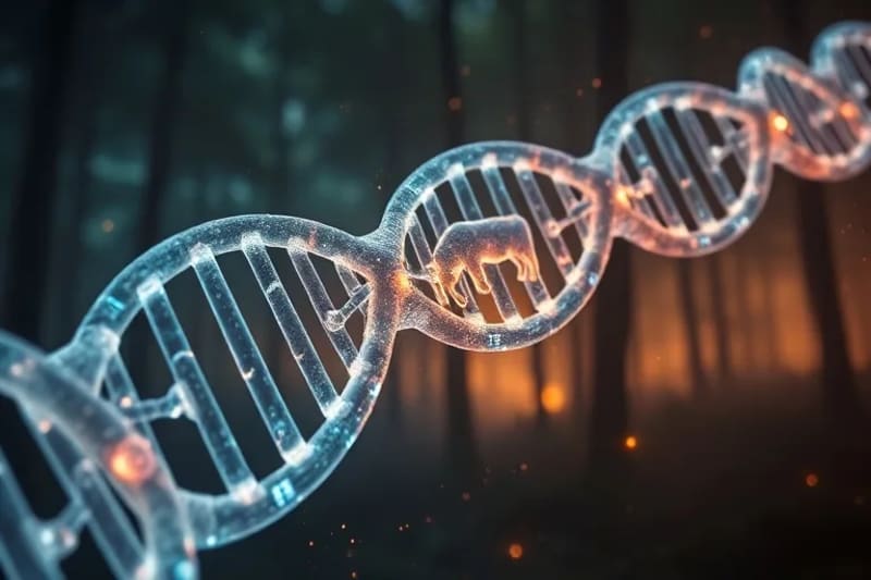 Abstract still-life combining ancient petroglyphs of rhinoceroses with glowing DNA helix structures and futuristic data screens, symbolizing the blend of historical understanding and scientific advancement in conservation.