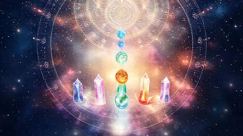 Pintura acuarela de chakras alineados con cristales de colores, irradiando luz armoniosa
