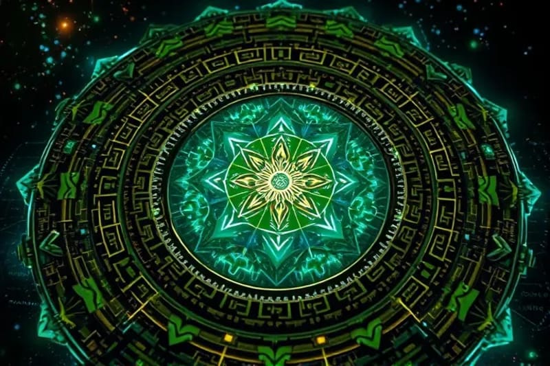 Mayan glyphs and circuit board patterns