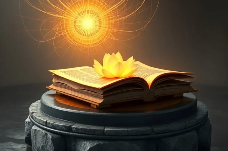 Render 3D de una flor de loto brillante emergiendo de agua tranquila, con hilos de luz conectados