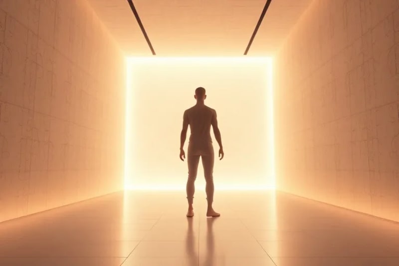 Representación abstracta de la interacción humana con un entorno arquitectónico sensible, mostrando cómo la luz y el sonido influyen en el estado mental.