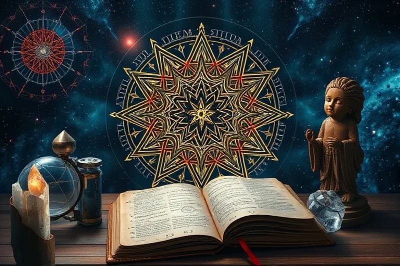 Antique dream journal with holographic neural network projection, crystals, and carved figure.
