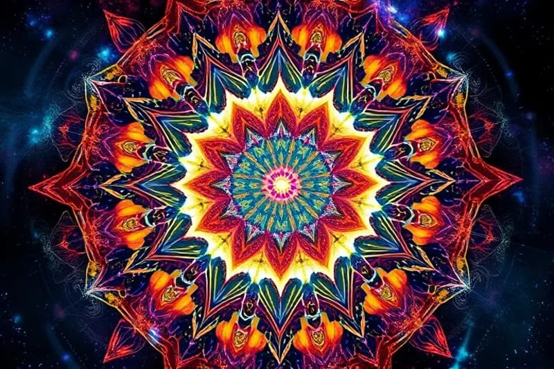 Swirling abstract colors and geometric patterns with subtle digital circuit motifs, symbolizing subconscious transformation.