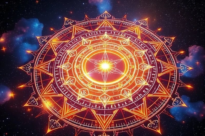 Representación abstracta de un camino de luz en un cosmos oscuro, con símbolos astrológicos