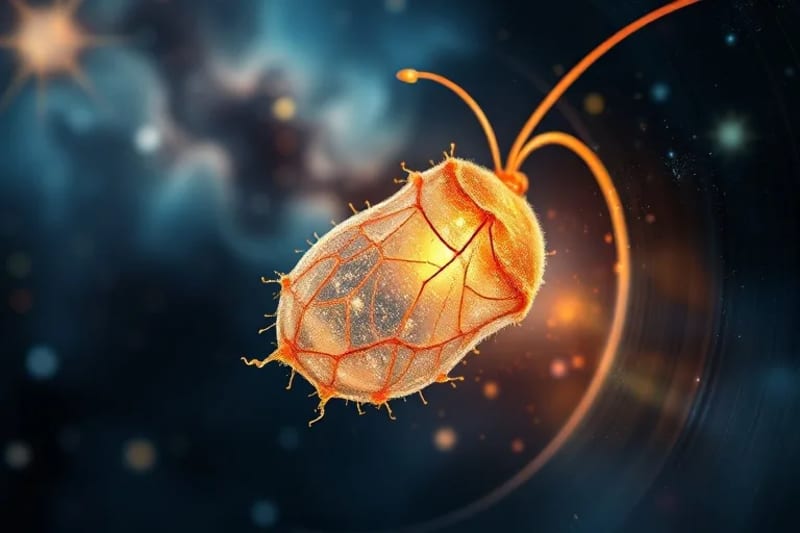 Primer plano de una crisálida cósmica brillante, simbolizando la transformación del alma