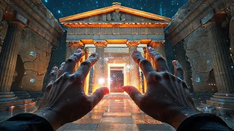 Virtual reality user interacting with a Greek temple environment