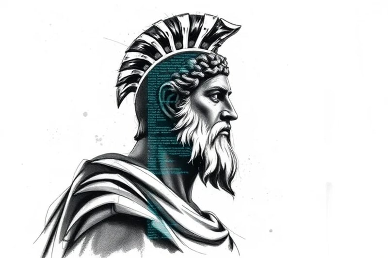 Vector art of a Greek hero silhouette formed by code and digital patterns