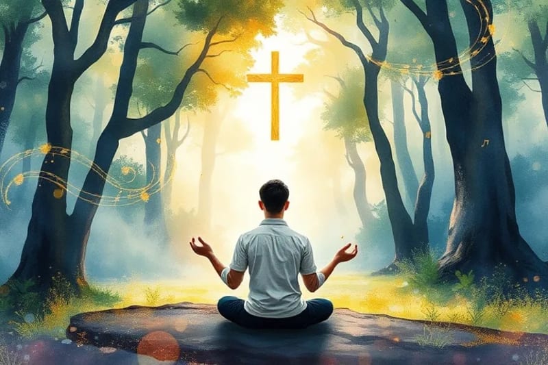 Persona meditando en un entorno natural con notas musicales etéreas