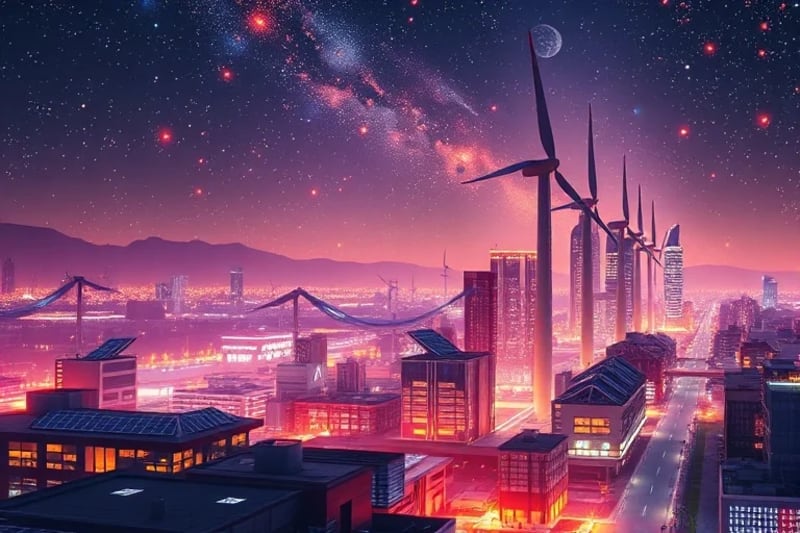 Representación digital de una ciudad con elementos de energía renovable como molinos de viento y paneles solares, interconectados por flujos de datos.