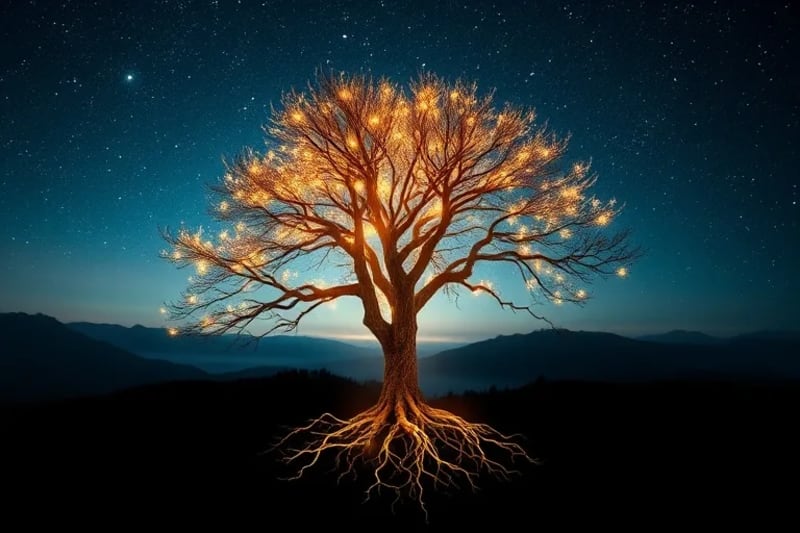 Árbol genealógico luminoso con raíces y ramas curativas