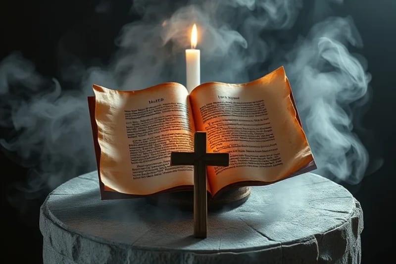 Un pergamino antiguo con escritura latina y una cruz de madera, elementos que simbolizan la sabiduría y la fe benedictina.