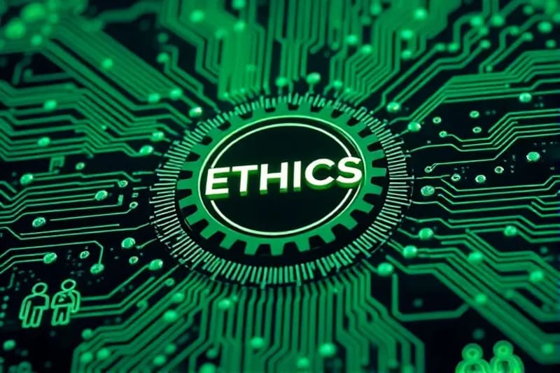 An abstract representation of ethical AI development. Interlocking gears made of glowing circuit board patterns, with one gear distinctly larger and labeled with a subtle 'ETHICS' icon. Surrounding these gears are abstract human figures (silhouettes) interacting with data streams, symbolizing human oversight and collaboration in AI design. The color palette is clean, modern, with greens and blues indicating growth and trust.