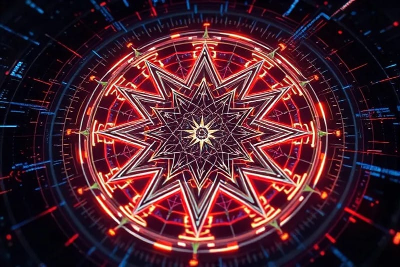 Digital interface displaying evolving sigil with code