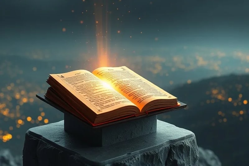 Render 3D de una silueta humana translúcida hecha de datos, tocando un rosario cristalino de nodos y líneas, con un fondo de código binario.