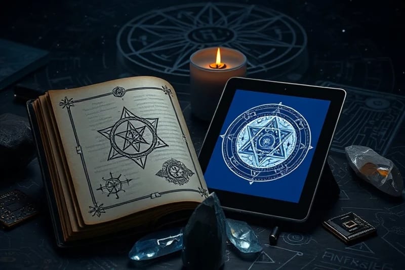 Grimoire and tablet with sigils, quantum chip