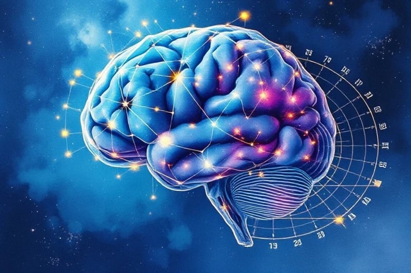 Pintura acuarela abstracta de un cerebro humano fusionándose con un mapa celestial, con constelaciones y órbitas planetarias.